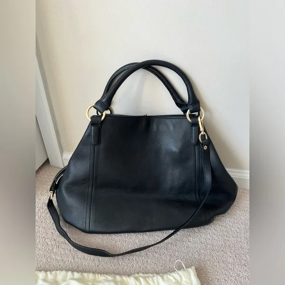 G.I.L.I. Black Pebbled Grain Leather Roma Handbag Purse Bag Fringe Gold Hardware - Picture 7 of 10